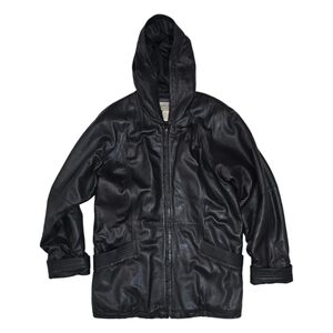 Vintage 90s Black Genuine Leather Jacket Parka Coat Sonoma Hooded Large Pockets